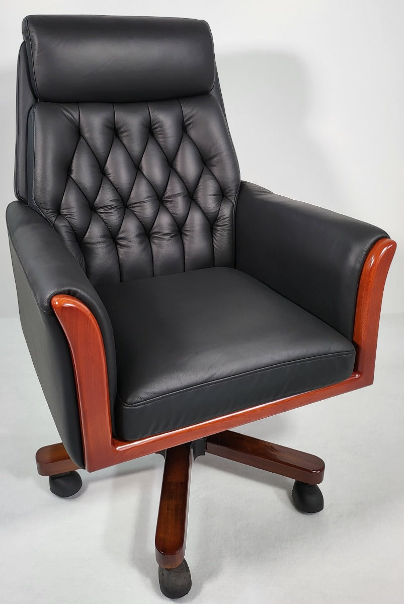 Traditional Genuine Hide Black Leather Chesterfield Executive Office Chair - KW-6603